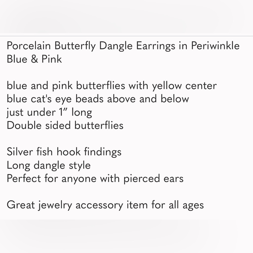 Hand Crafted Butterfly Earrings Porcelain Long Dangle Blue Pink Pierced - Picture 7 of 7